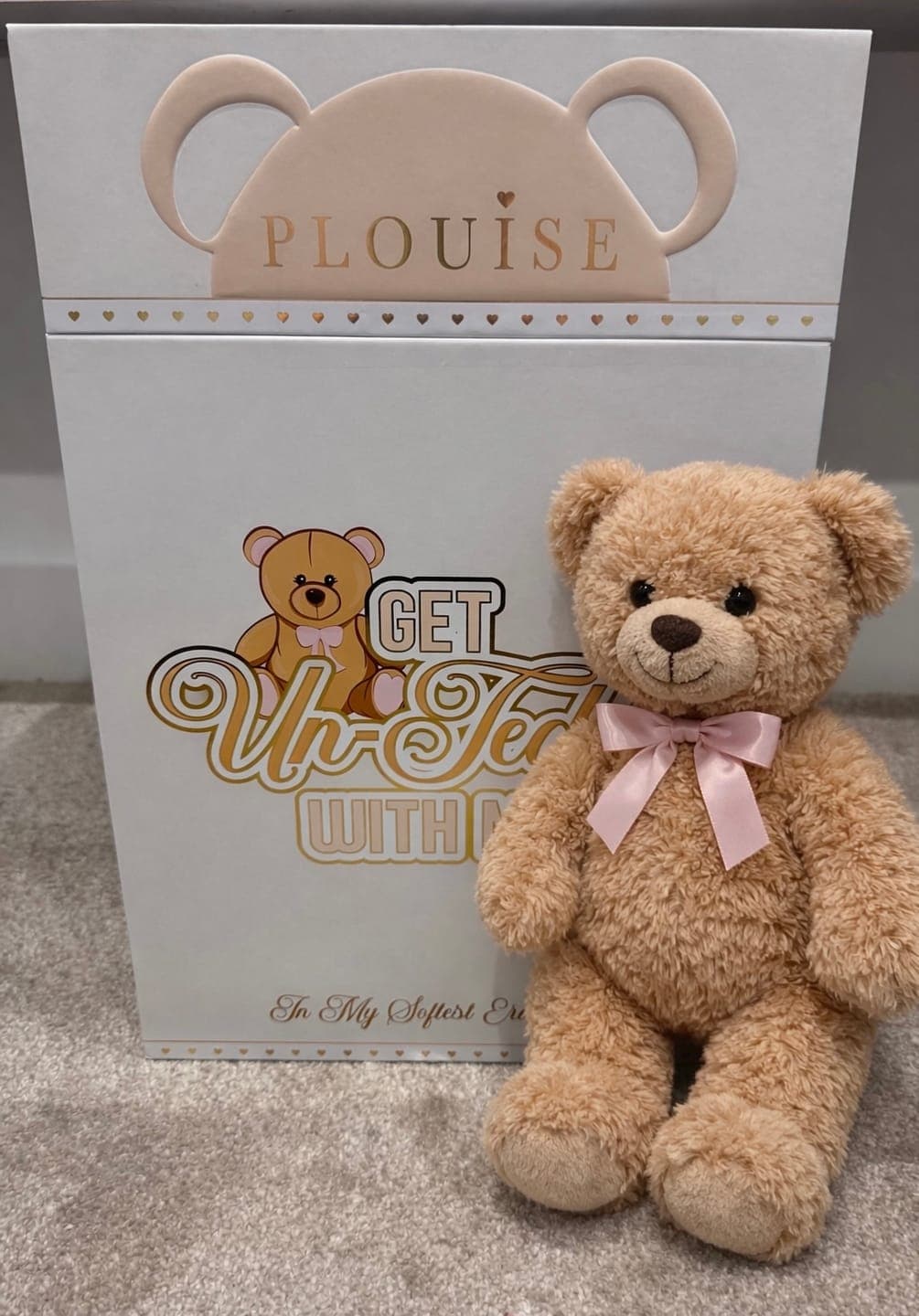 Reviewer's Get Unteddy With Me PR Box Set displayed on a carpet next to a cute teddy bear.