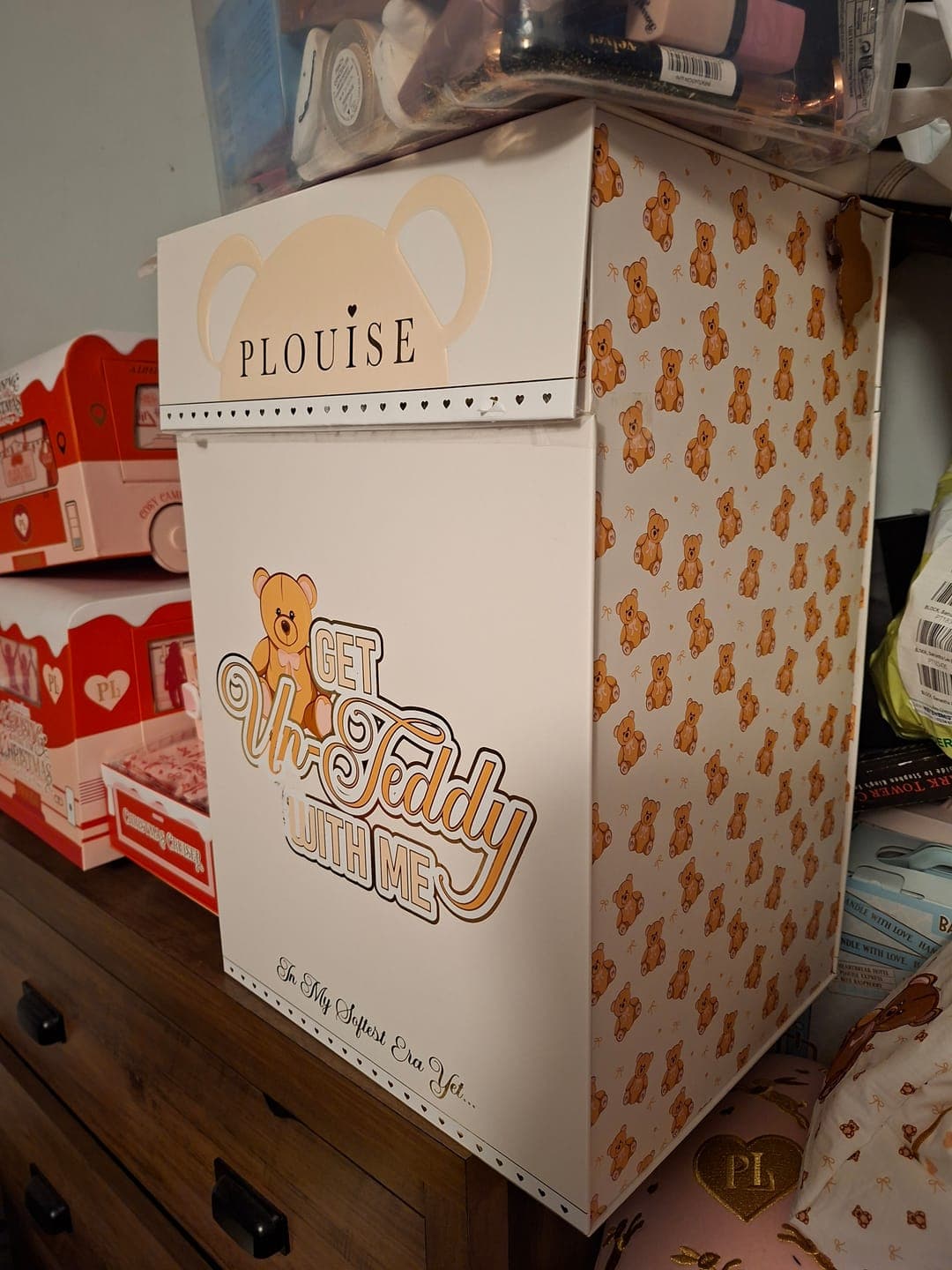 Customer's Get Unteddy With Me PR Box Set. The large white box has graphics on the front and a teddy bear pattern on the side.